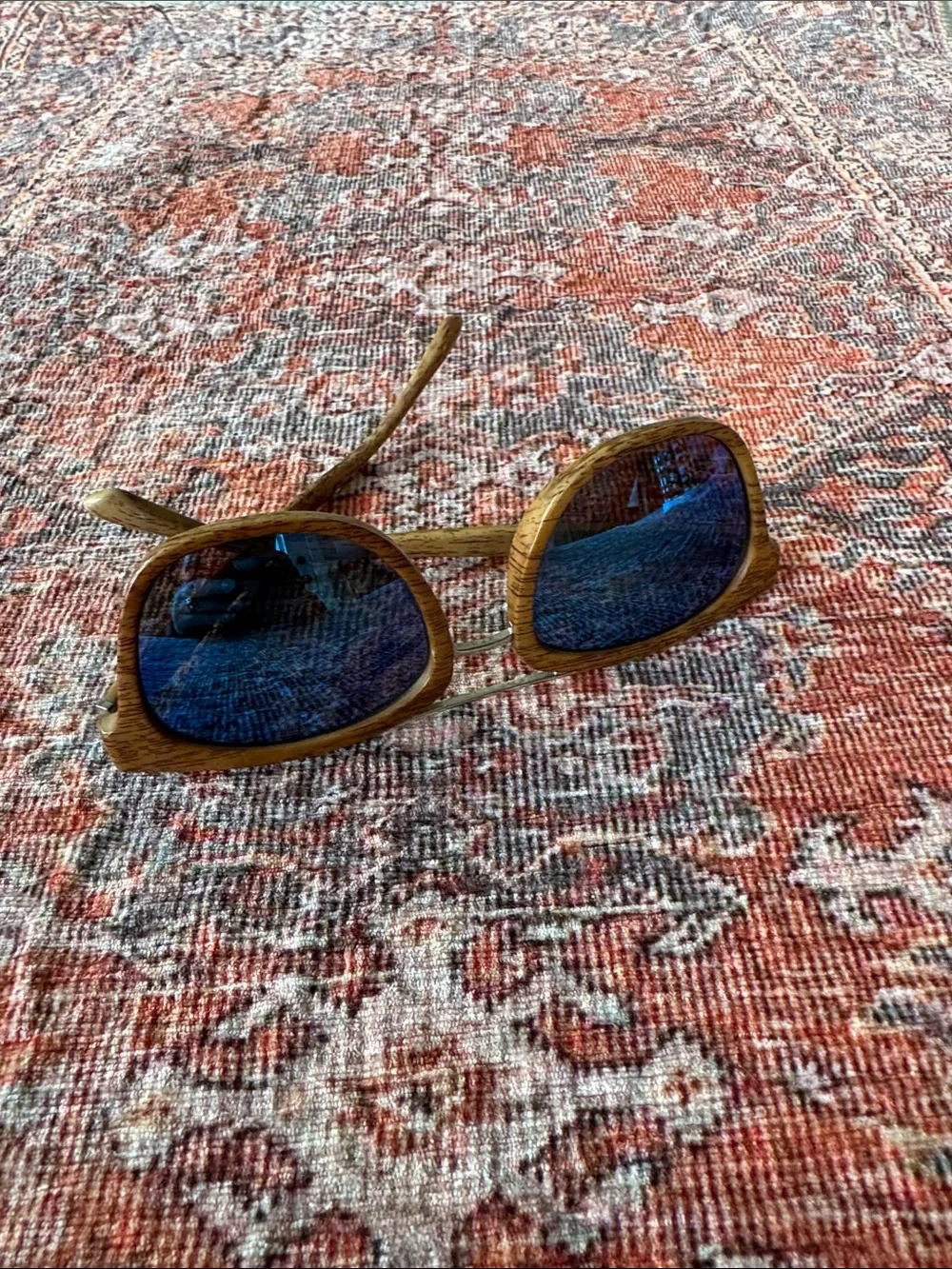 Southpole Woodgrain Bar Sunglasses Sunnies Silver Bar and Blue Metallic Lenses